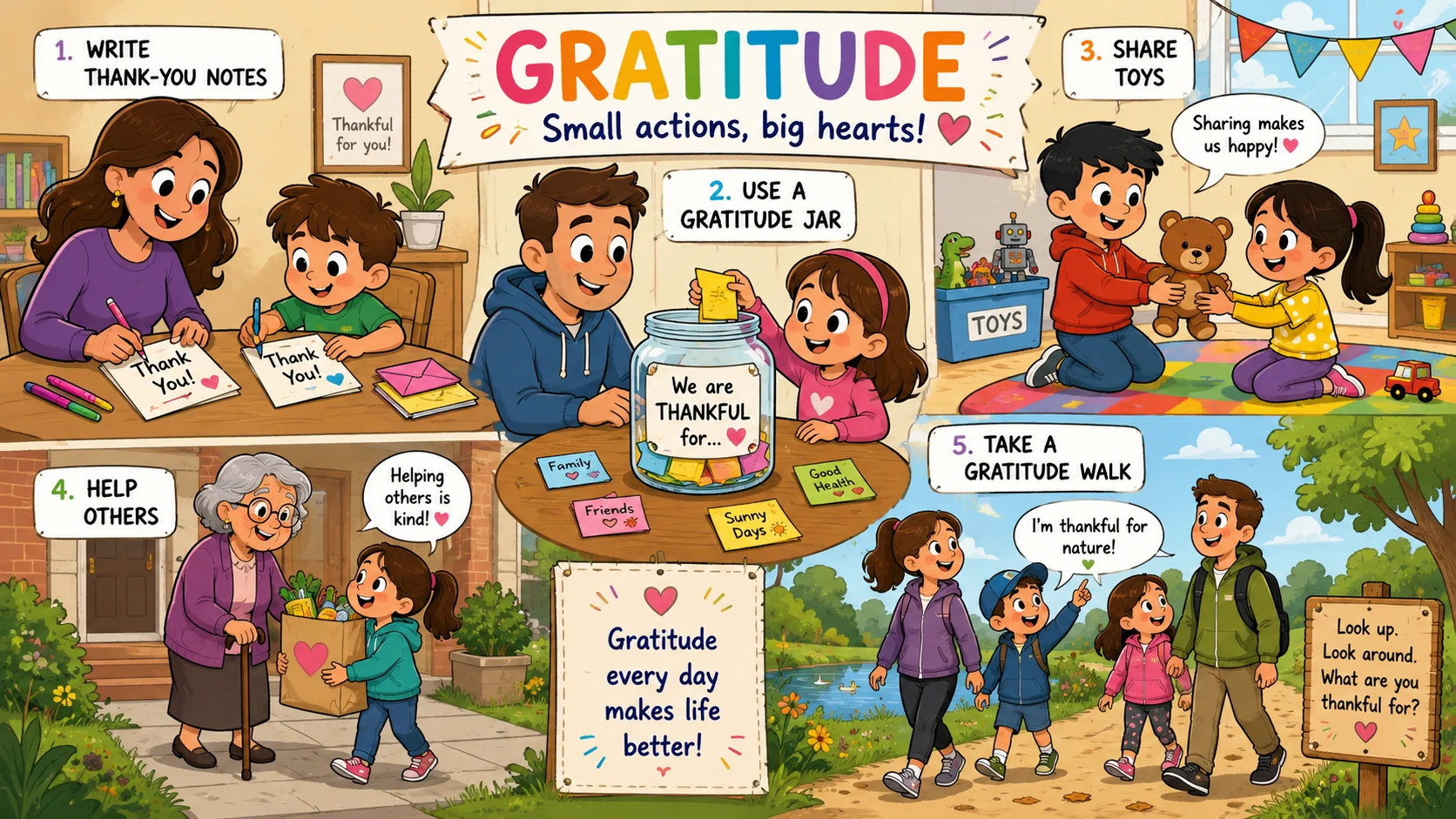 Gratitude activities for kids include notes, sharing, helping, and walking together. 
