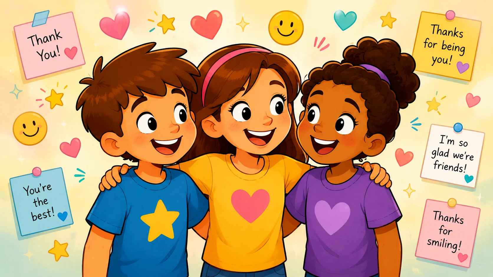  Gratitude benefits for kids shown through friendship, thank you notes, and smiles. 
