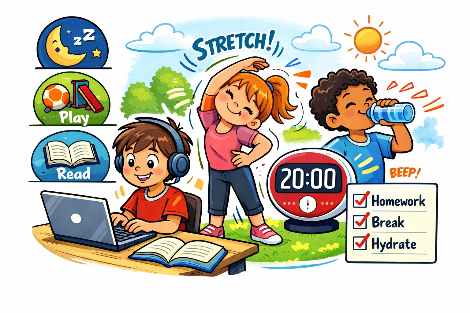 Healthy digital habits for kids with balanced screen use, breaks, and learning.
