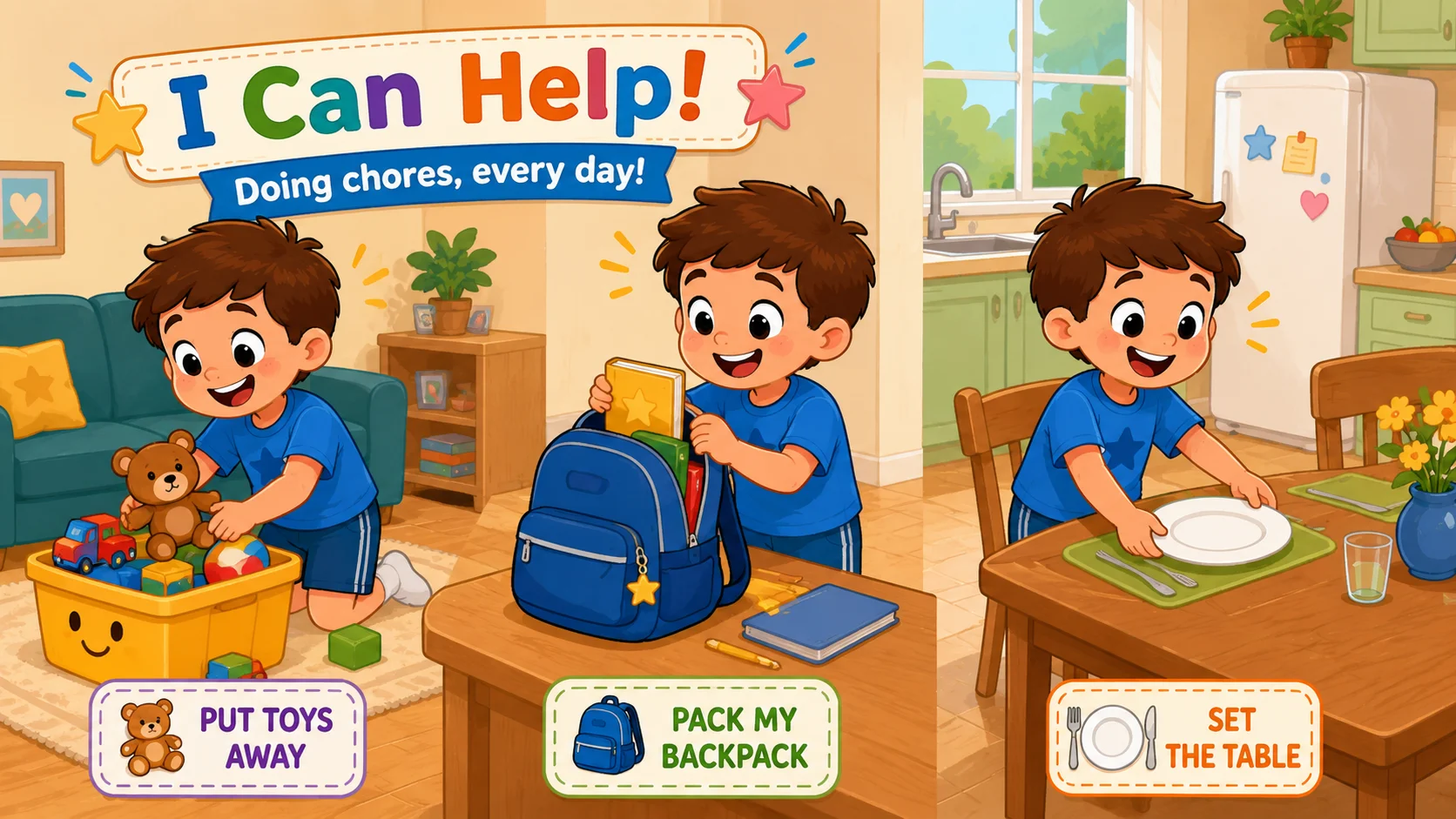 Indoor chores for 6 year old child at home. 
