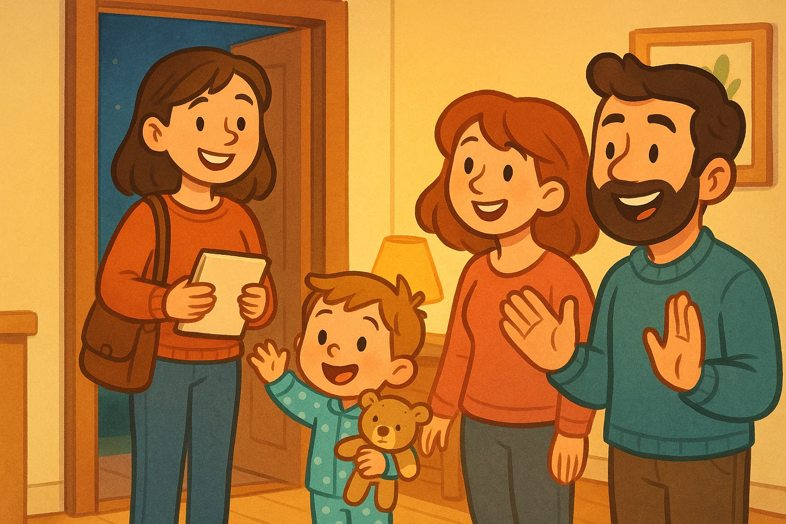 A babysitter keeping communication open with parents at their home A babysitter keeping communication open with parents at their home