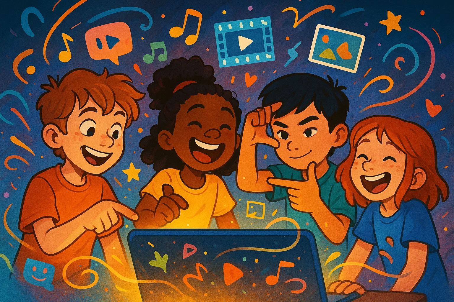 A cartoon illustration of children creating videos together on a tablet.