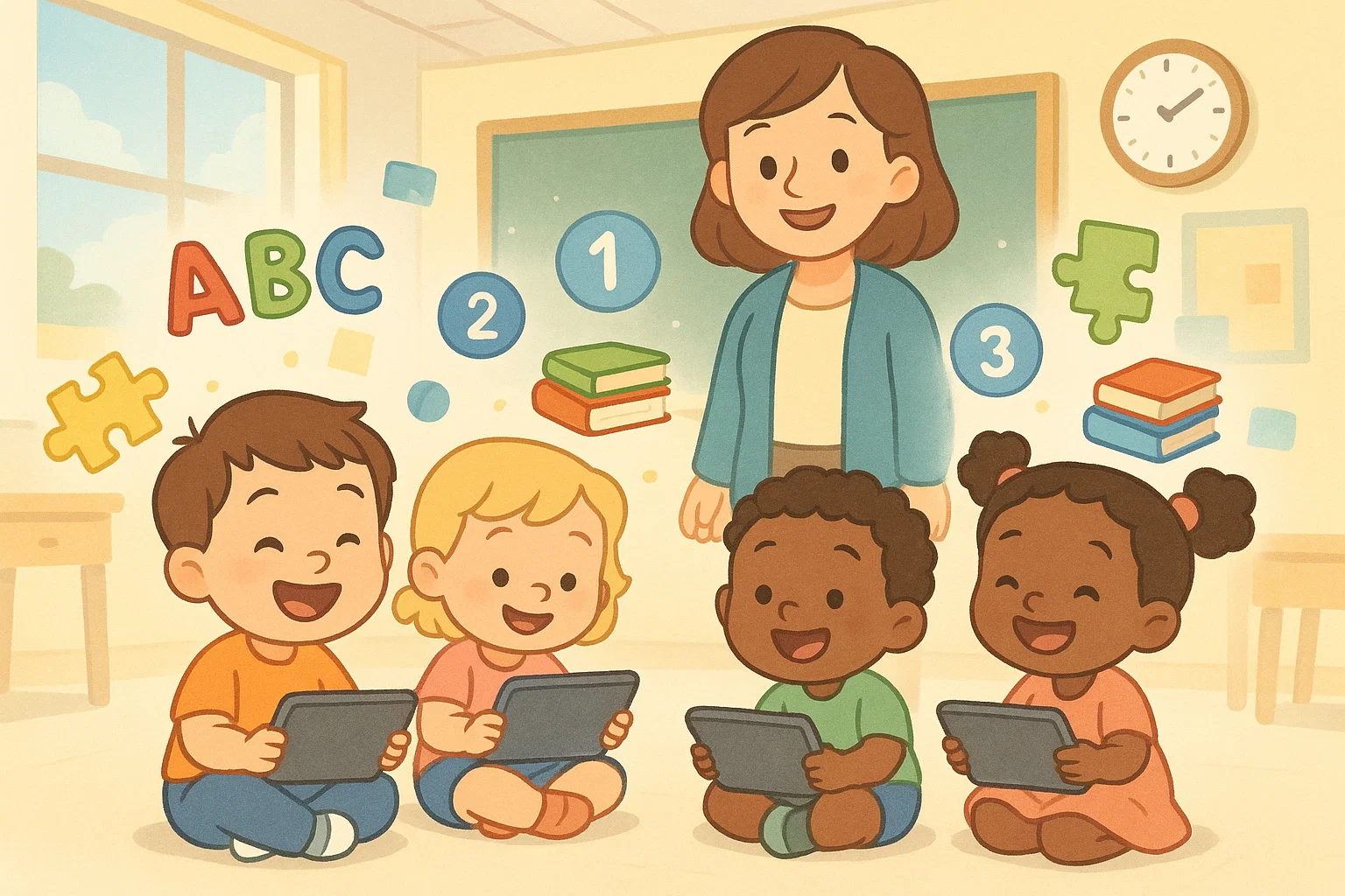 Preschool kids playing educational apps on tablets with teacher in classroom Preschool kids playing educational apps on tablets with teacher in classroom