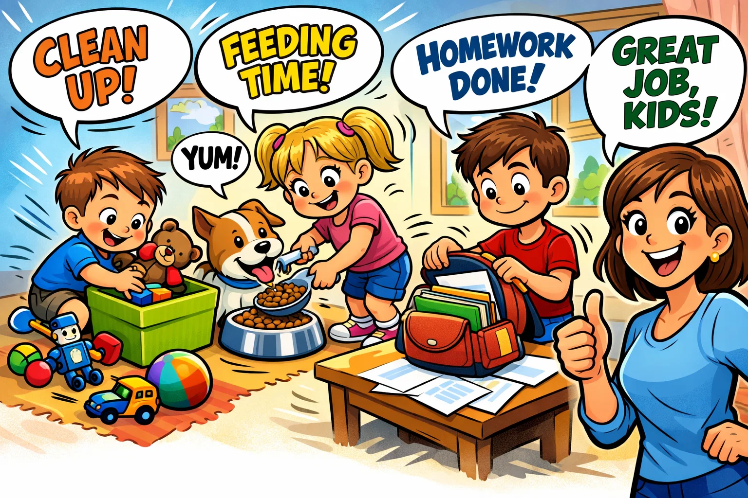 Kids responsibility chores by age with parent guiding children doing tasks.