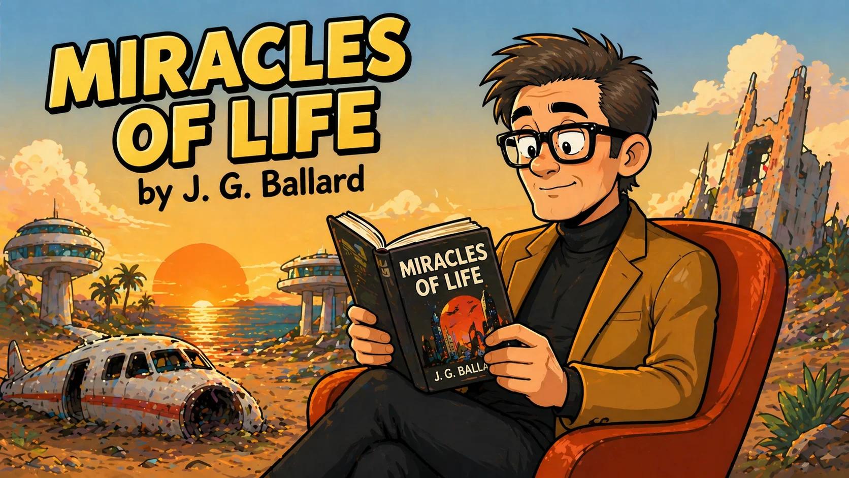 Miracles of Life by J. G. Ballard in retro sci fi coastal scene. 