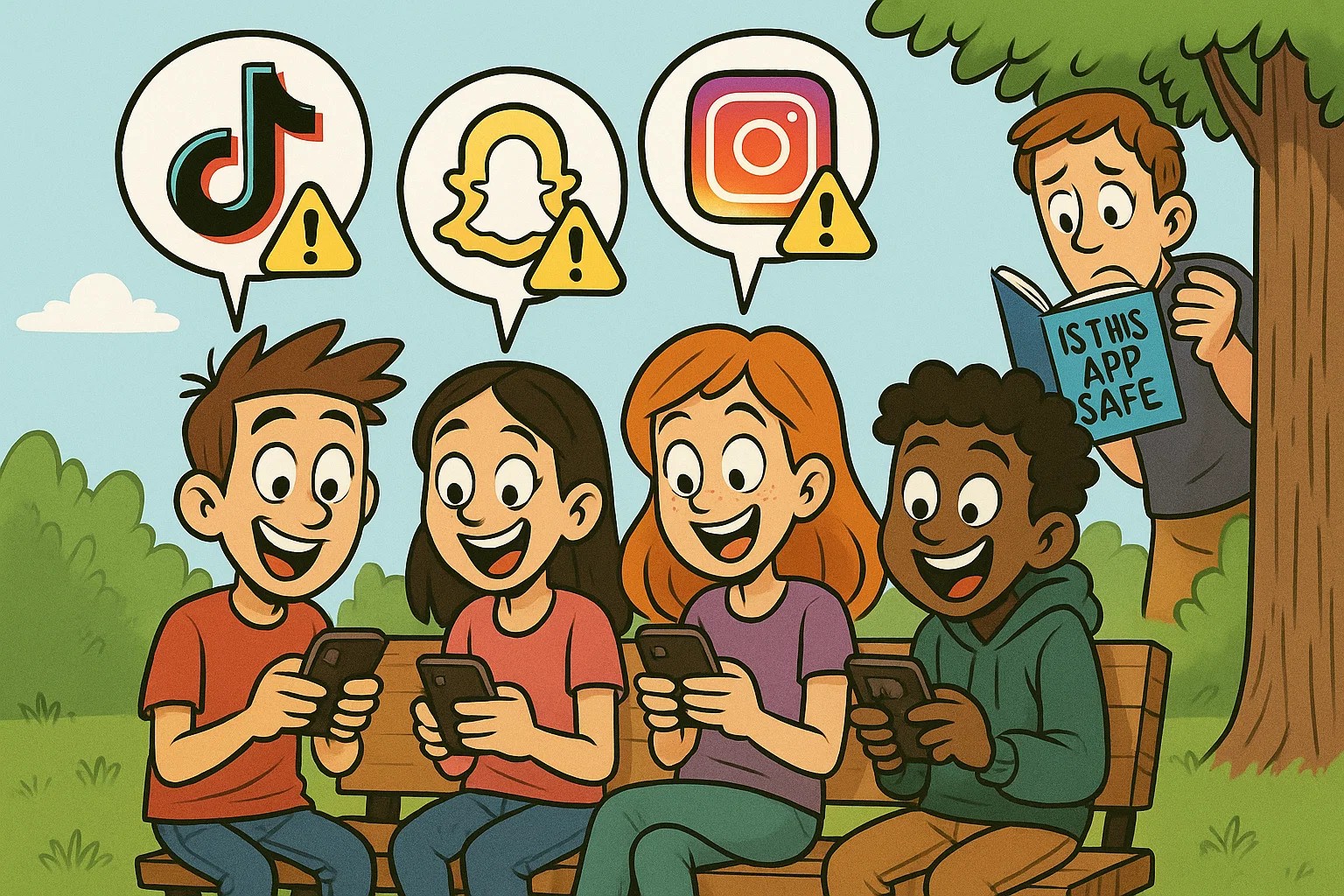 Kids using moderate risk social apps like TikTok, Snapchat, and Instagram under parent watch. Kids using moderate risk social apps like TikTok, Snapchat, and Instagram under parent watch.