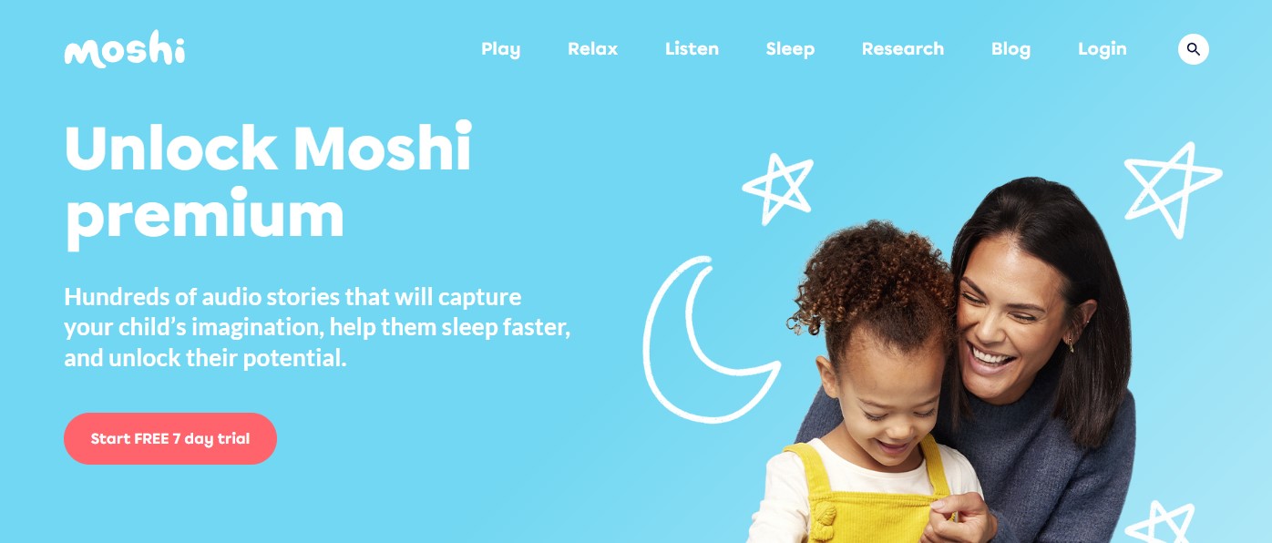 moshikids Moshi Kids official website featuring their app with interactive bedtime stories and calming sounds for children