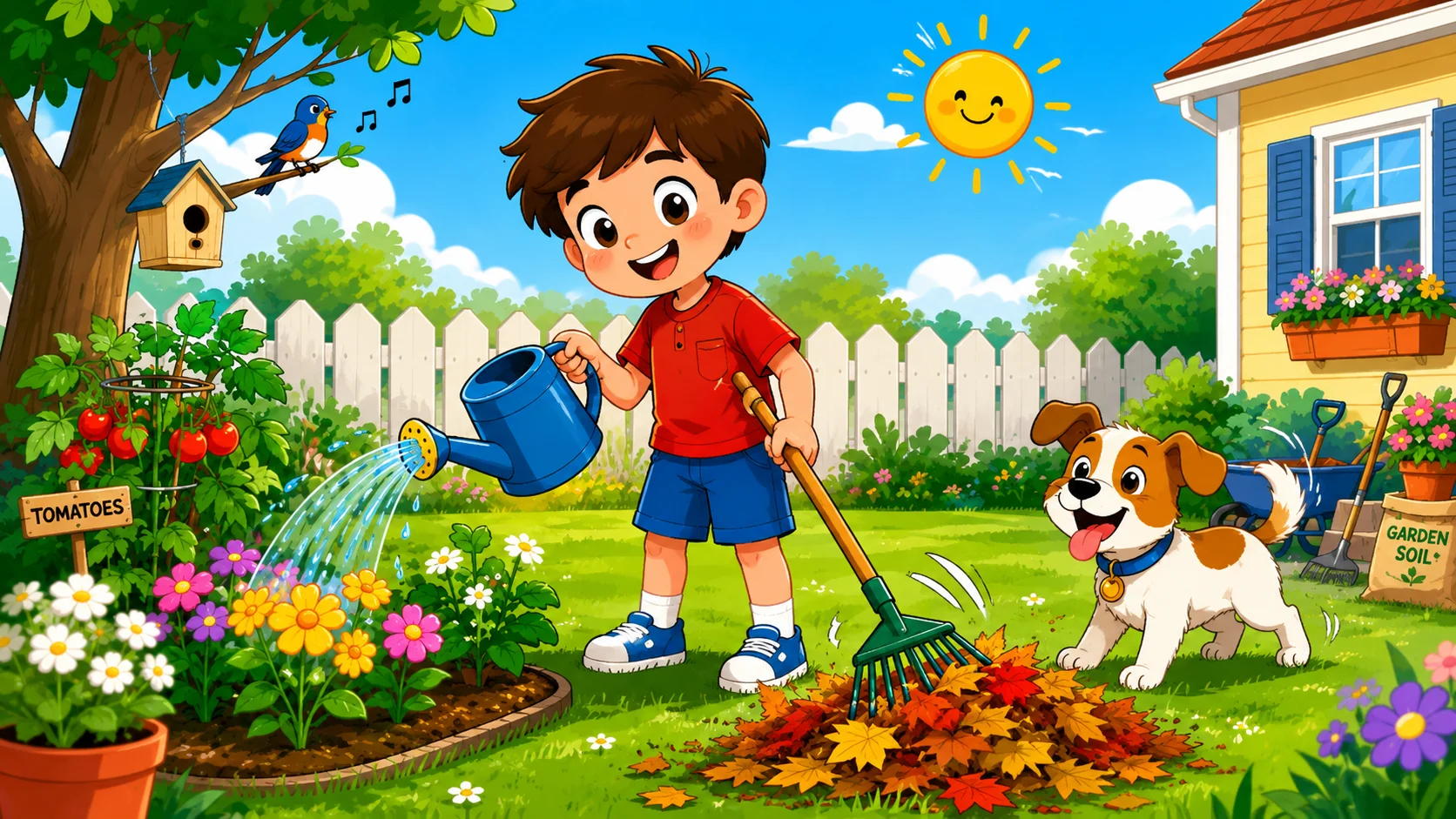 Outdoor chores for 6 year old child watering plants and raking leaves. 

