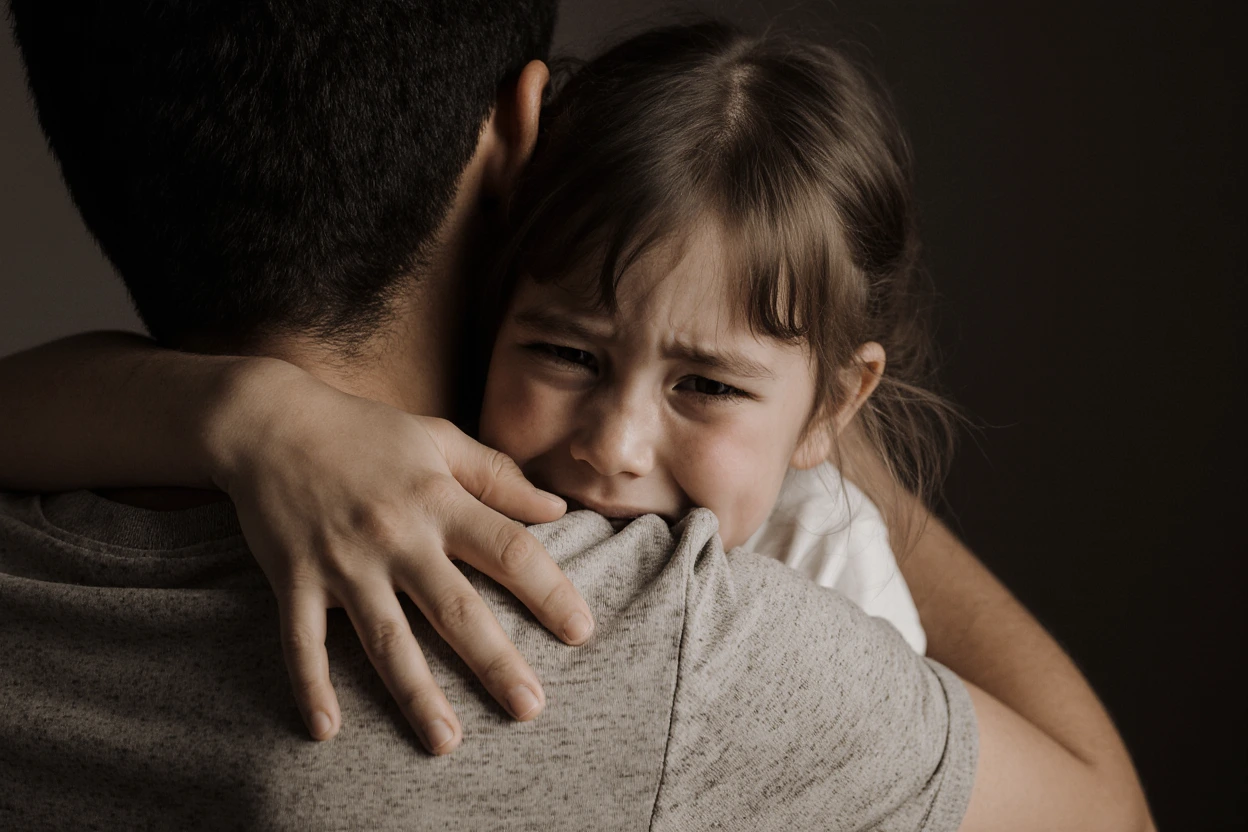 Parent comforting crying child with a hug. Parent comforting crying child with a hug.