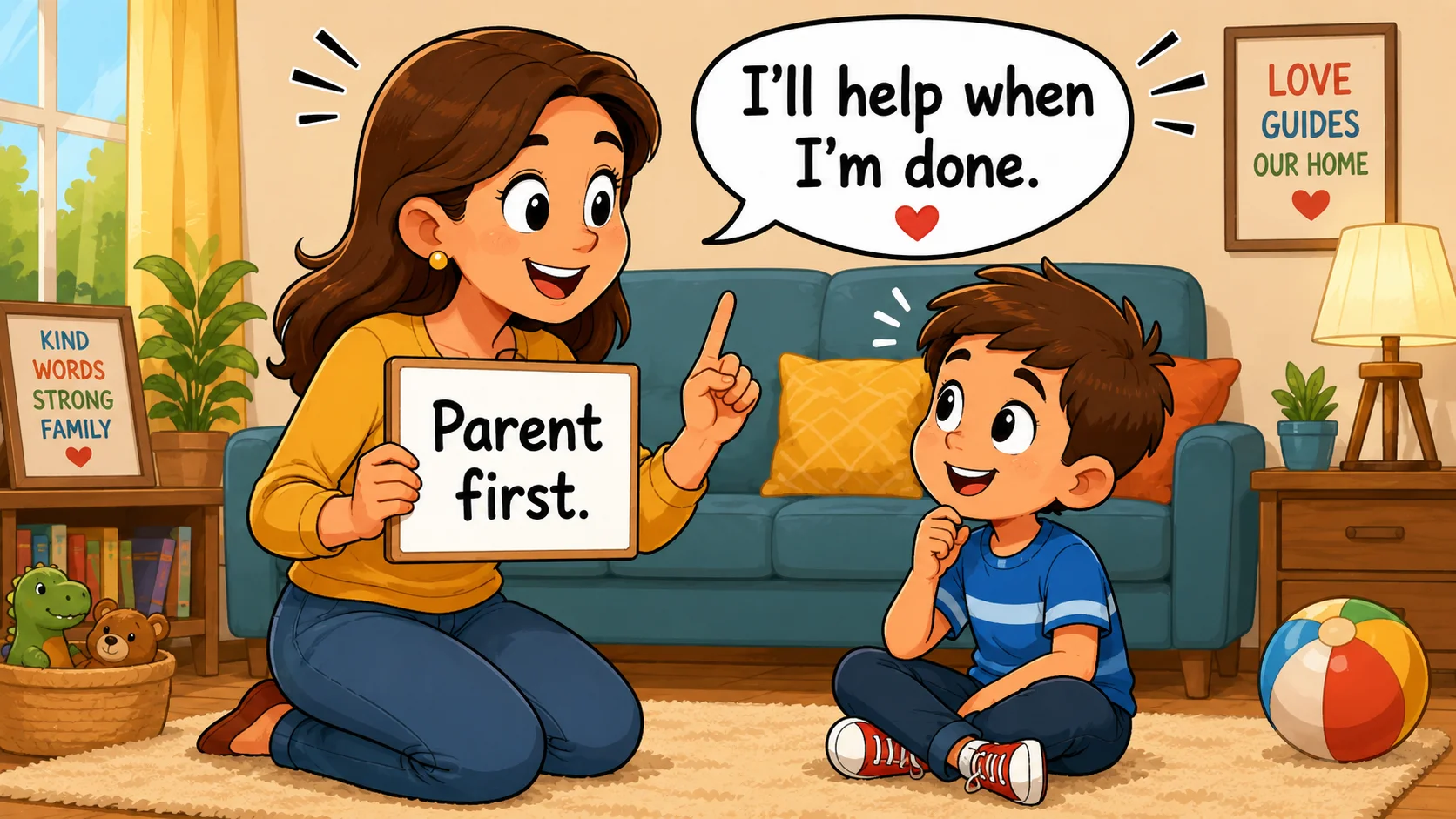 Parent first boundaries with child shown in calm home discipline lesson. 
