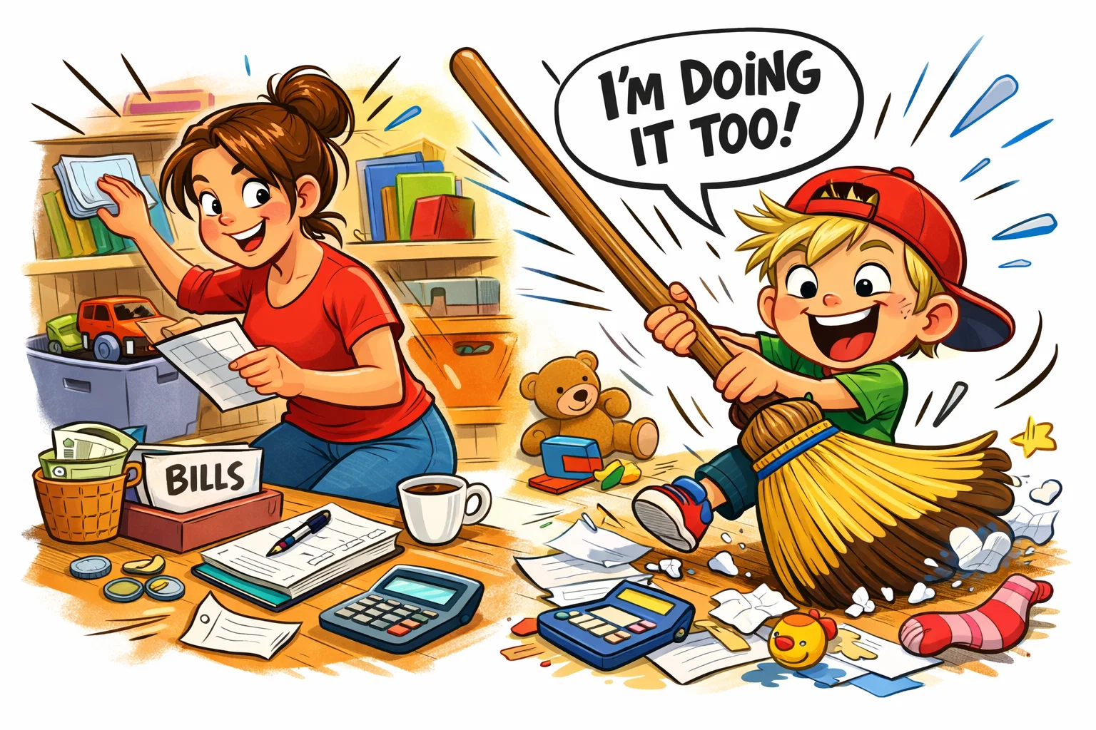  Parent role modeling responsibility at home with child copying actions. 
