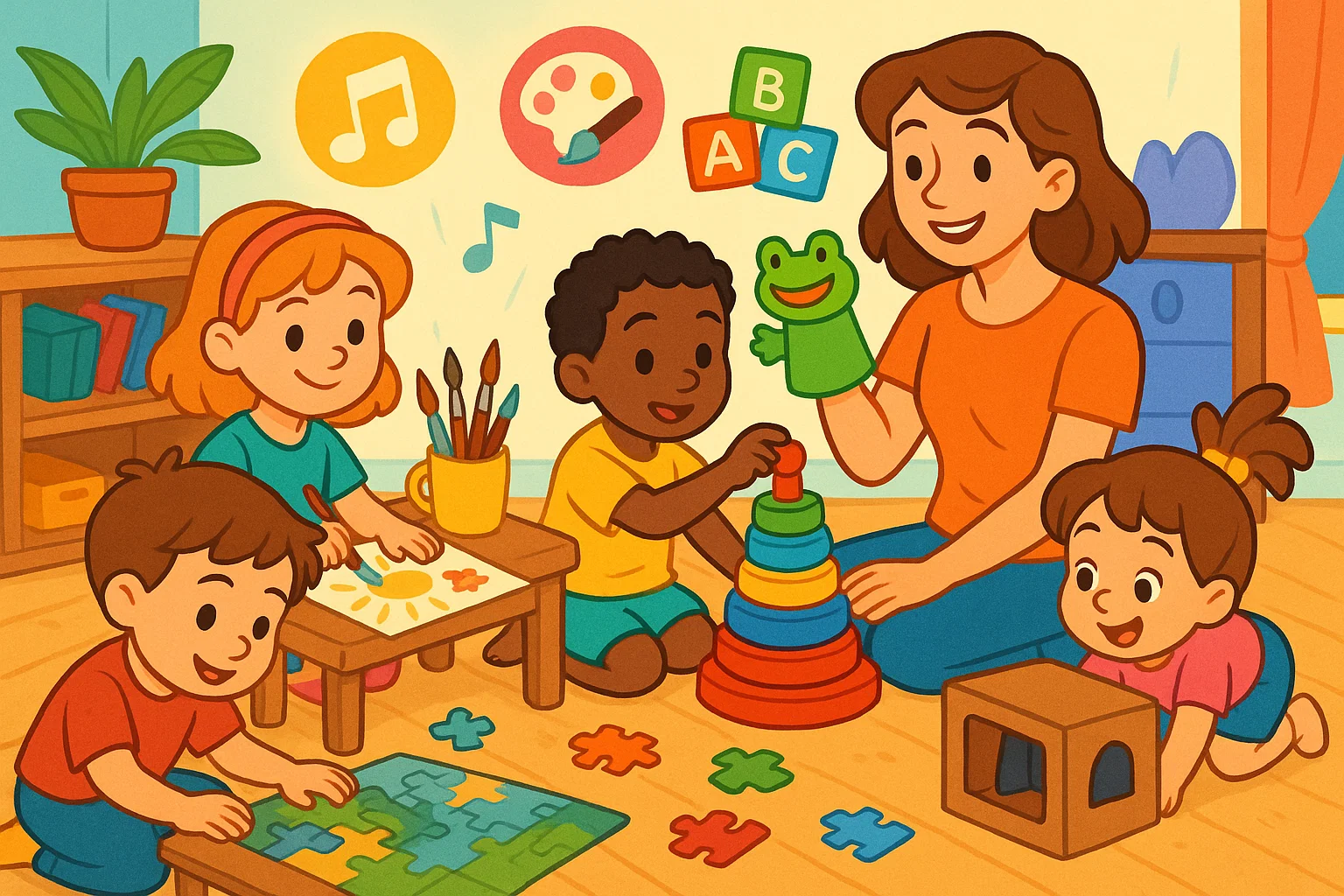 A babysitter engages with children in various age-appropriate activities like puzzles, blocks, and art A babysitter engages with children in various age-appropriate activities like puzzles, blocks, and art