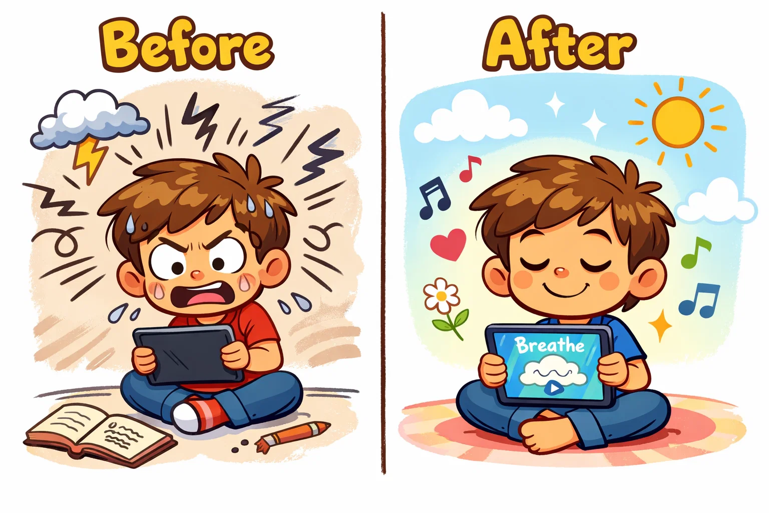 Kids practicing calming breathing exercises using mindfulness apps for relaxation.