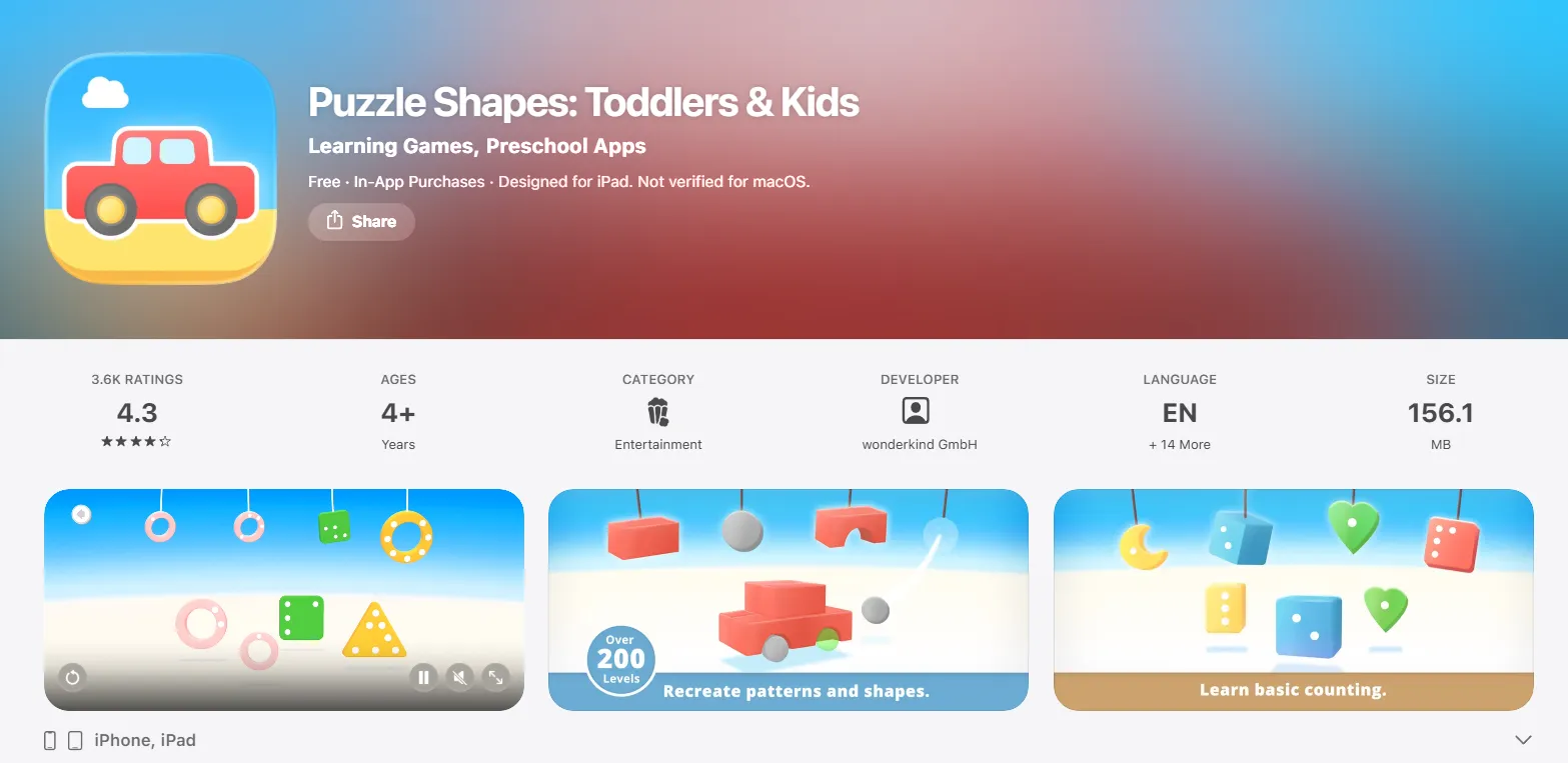  Puzzle Shapes app with fun shape puzzles.
