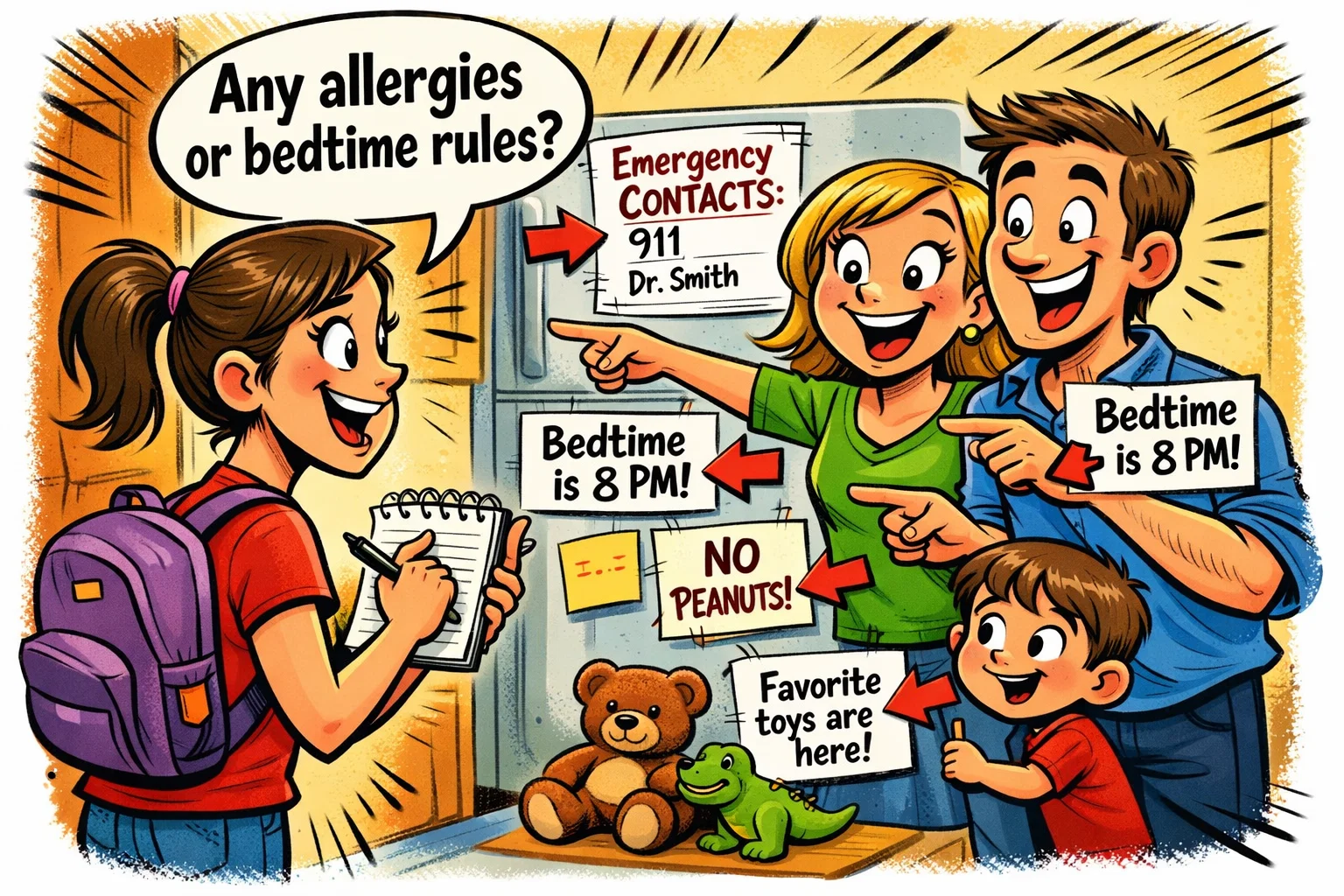 Questions to ask parents before babysitting about rules, allergies, and bedtime.
