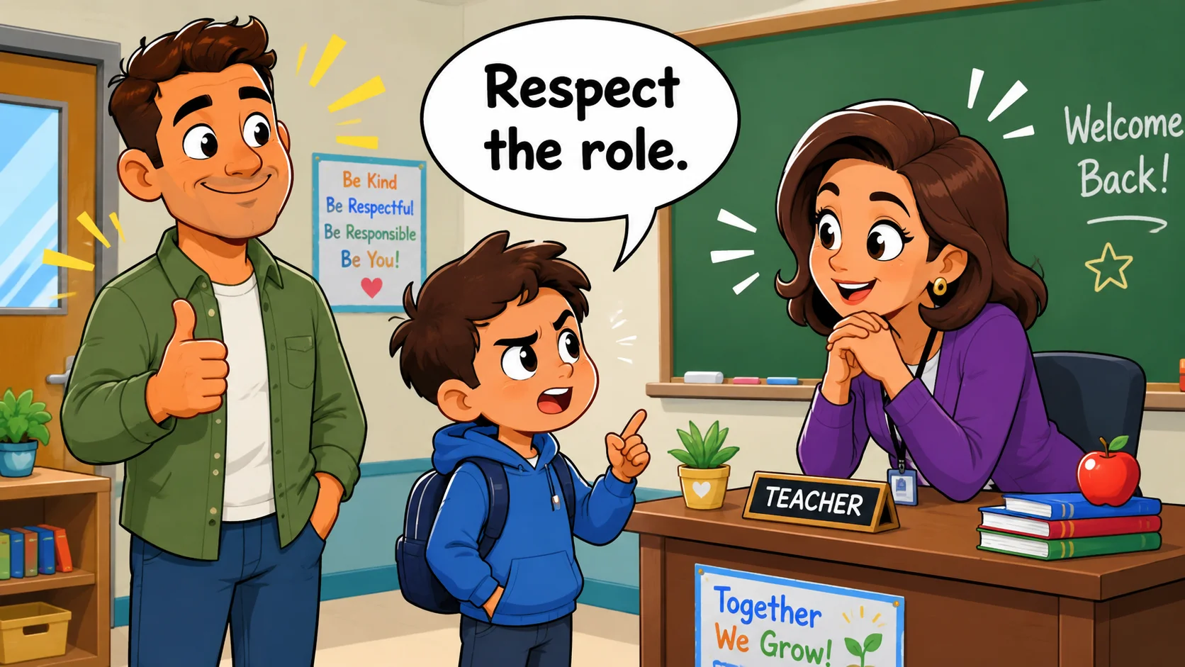 Respect roles teacher classroom scene with child speaking politely. 
