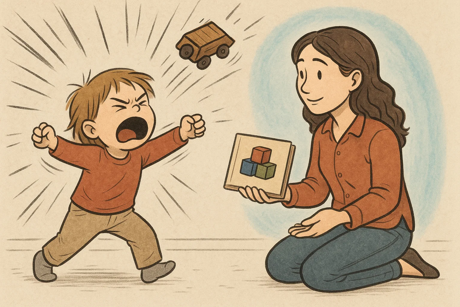 A babysitter calmly redirects a child having a tantrum, showing how to handle difficult behavior with patience A babysitter calmly redirects a child having a tantrum, showing how to handle difficult behavior with patience