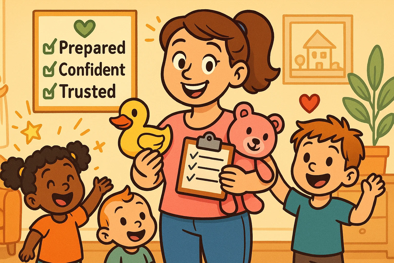 Illustration of a responsible and confident babysitter with three happy children and a checklist.