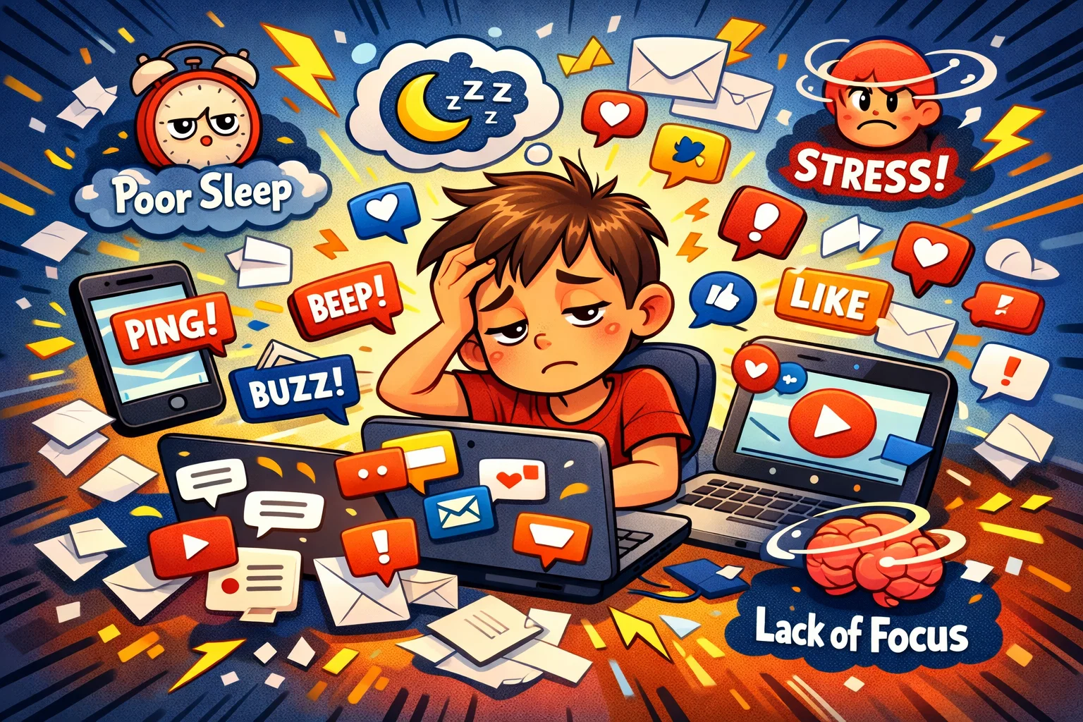  Risks of excessive online and technology use for kids include stress and poor sleep.
