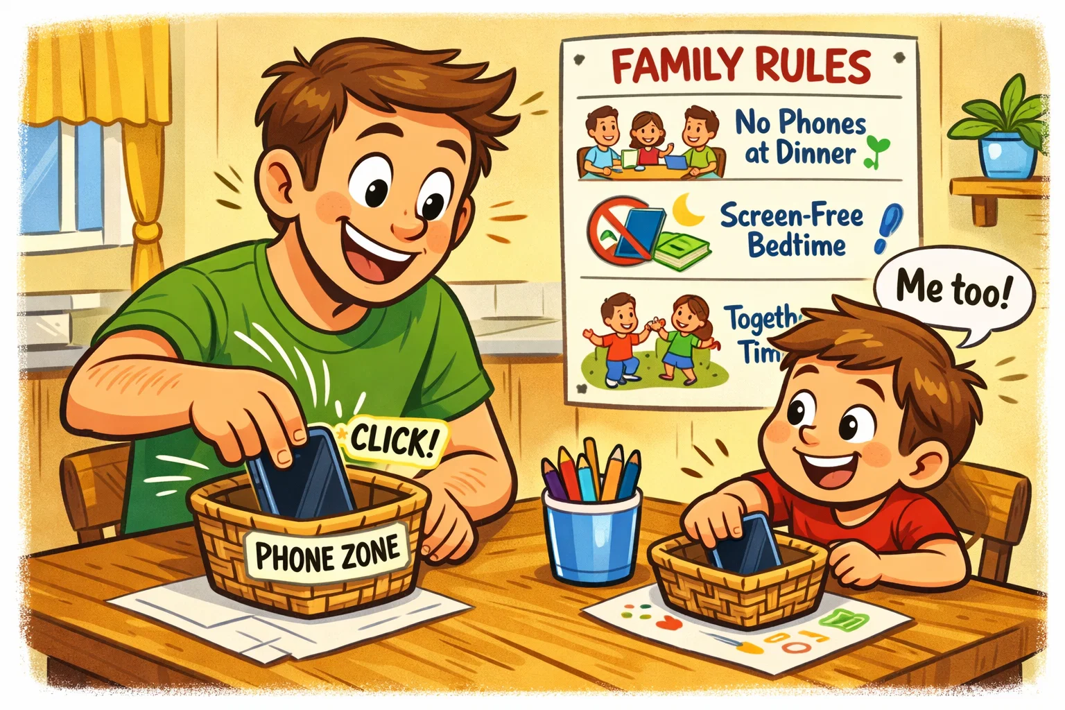 Set a good example with tech use by putting phone away during family time.

