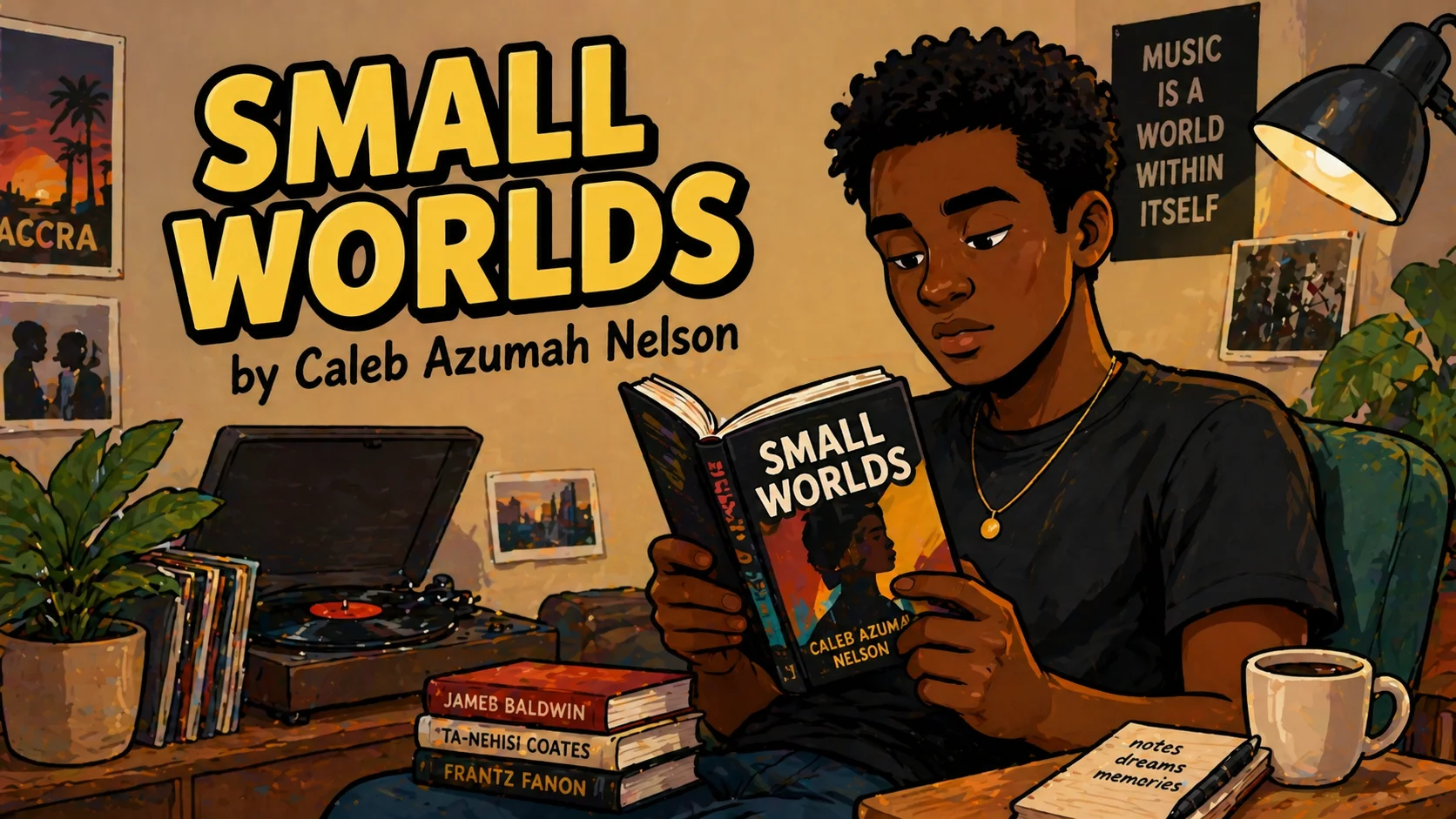 Small Worlds by Caleb Azumah Nelson in cozy music reading room. 