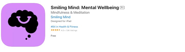 smiling-mind-mental-wellbeing Smiling Mind app download page, emphasizing that it's a free mindfulness app with programs for various age groups