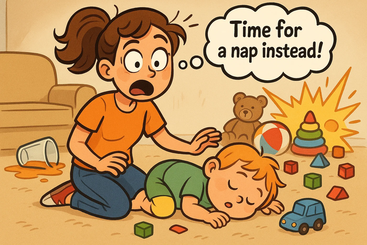A babysitter staying flexible in unplanned situations, with a child falling asleep during play A babysitter staying flexible in unplanned situations, with a child falling asleep during play