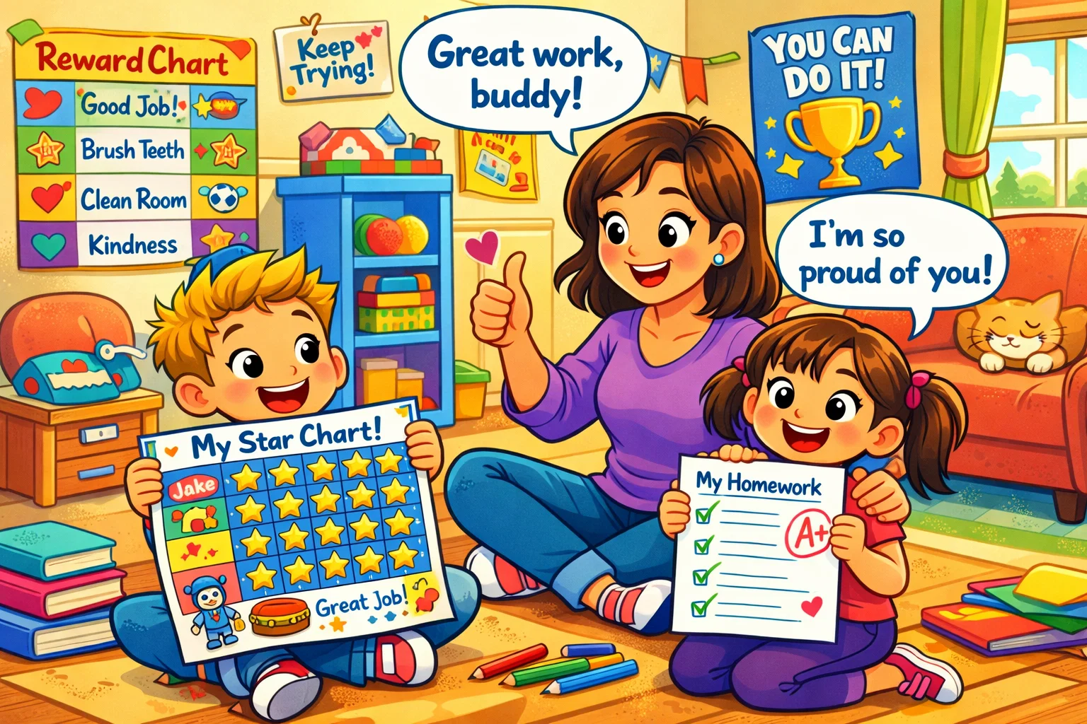 Teaching responsibility kids methods with rewards and guidance in action. 
