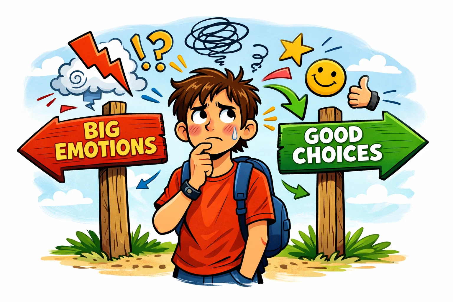 Teens emotional maturity with big emotions and thoughtful choices cartoon.
