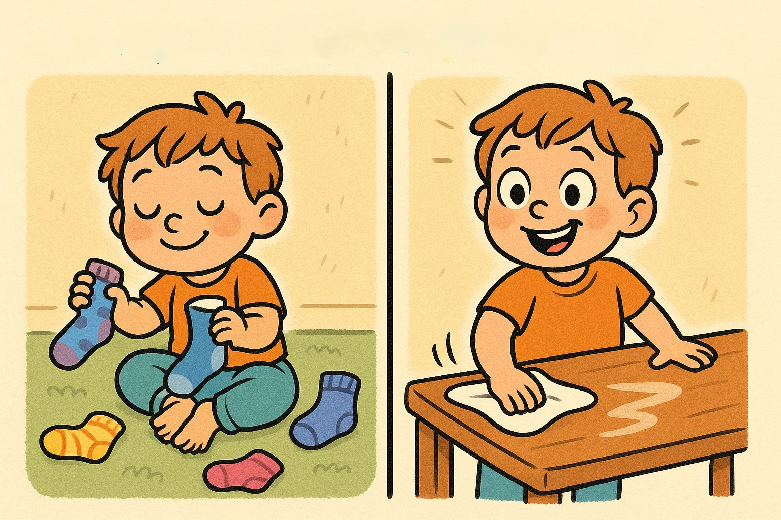 A child performing chores, sorting socks and wiping a table, showing why chores for a 3 year old matter and their hidden benefits.