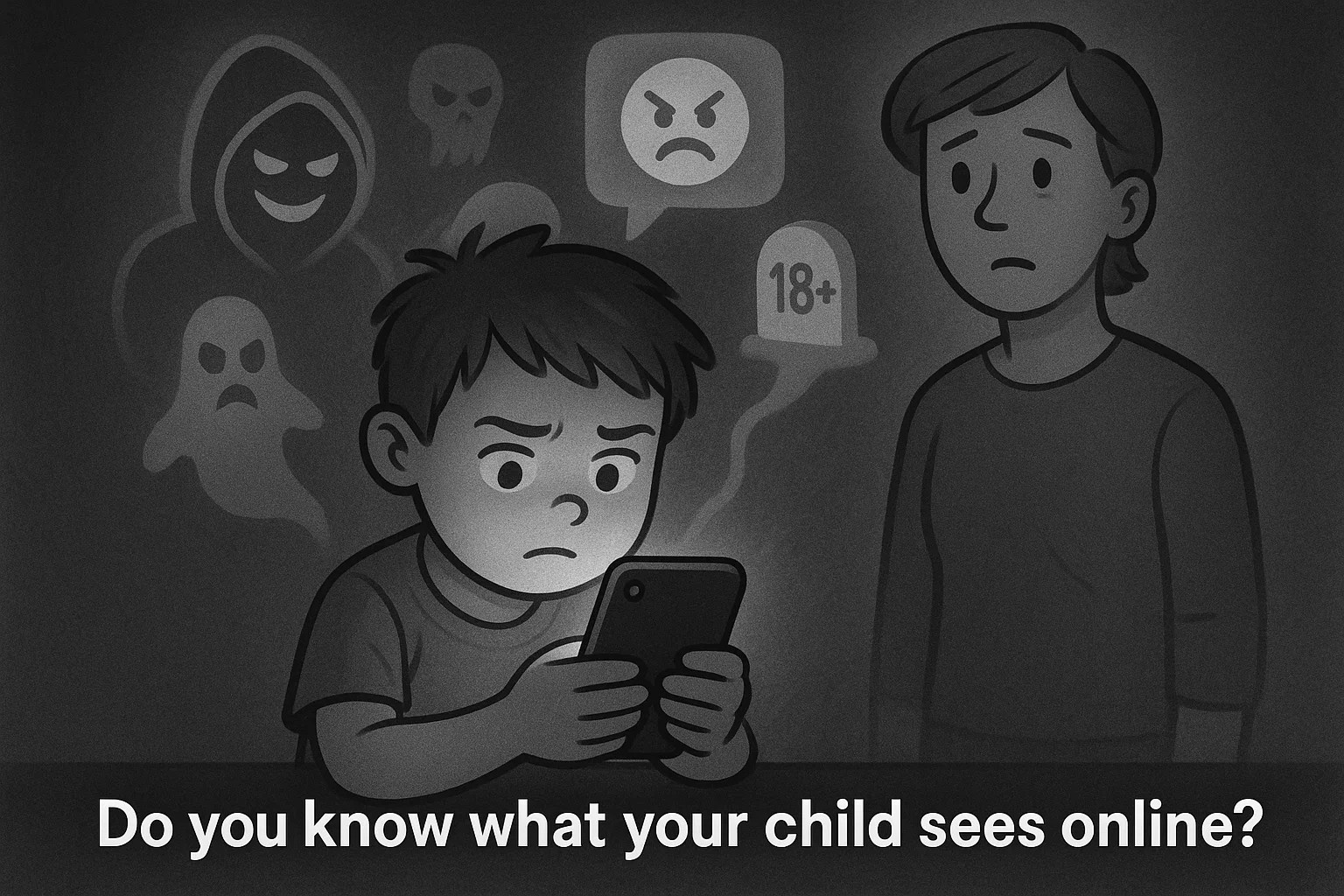 Child using phone with dangerous apps while parent looks worried in dark background. Child using phone with dangerous apps while parent looks worried in dark background.