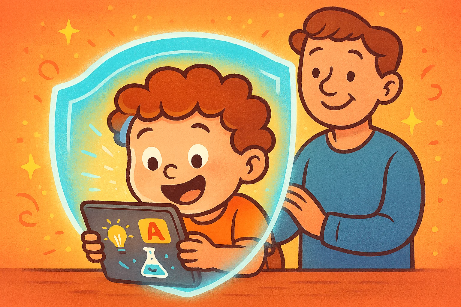 Cartoon image of a child safely watching a tablet, with a parent subtly overseeing them, symbolizing secure online viewing. Cartoon image of a child safely watching a tablet, with a parent subtly overseeing them, symbolizing secure online viewing.