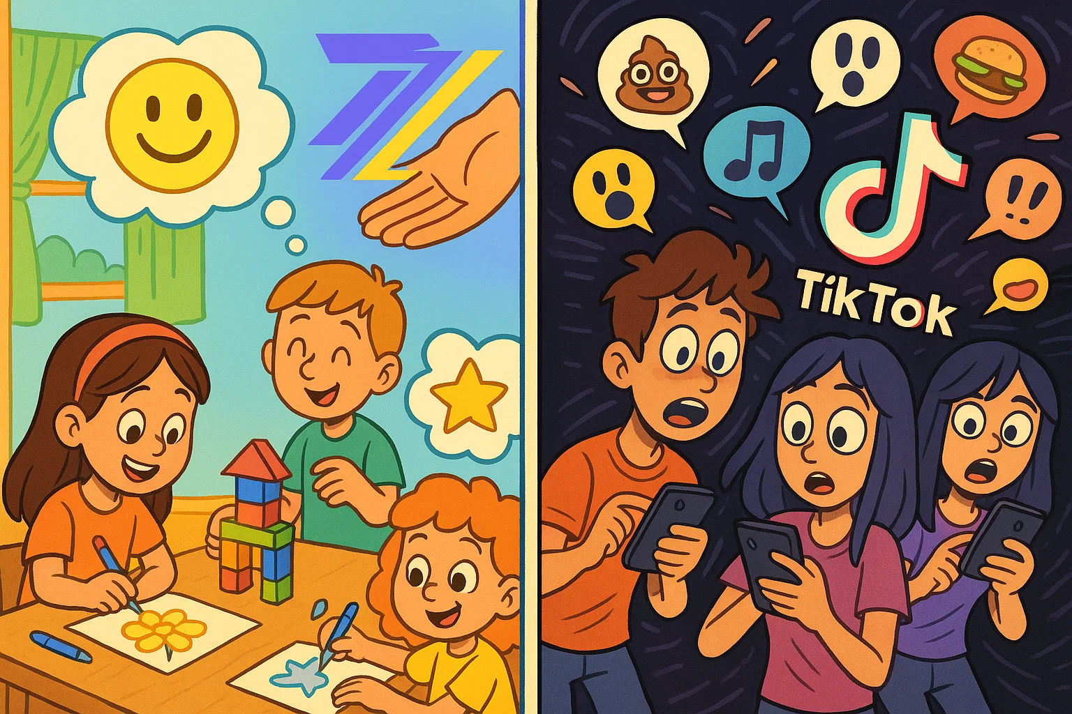 Cartoon split-screen contrasting Zigazoo's safe, creative play with TikTok's fast-paced, diverse content Cartoon split-screen contrasting Zigazoo's safe, creative play with TikTok's fast-paced, diverse content