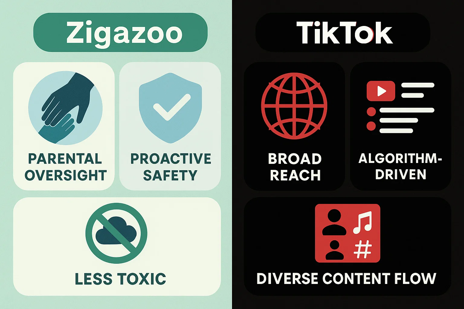 Comparative infographic showing Zigazoo's focus on safety versus TikTok's broad, algorithm-driven content Comparative infographic showing Zigazoo's focus on safety versus TikTok's broad, algorithm-driven content