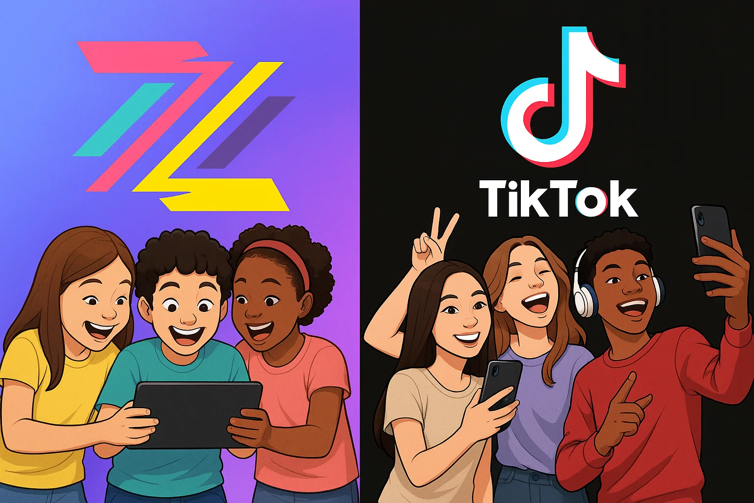 Split image contrasting Zigazoo's safe social media with TikTok's trending content for different generations Split image contrasting Zigazoo's safe social media with TikTok's trending content for different generations