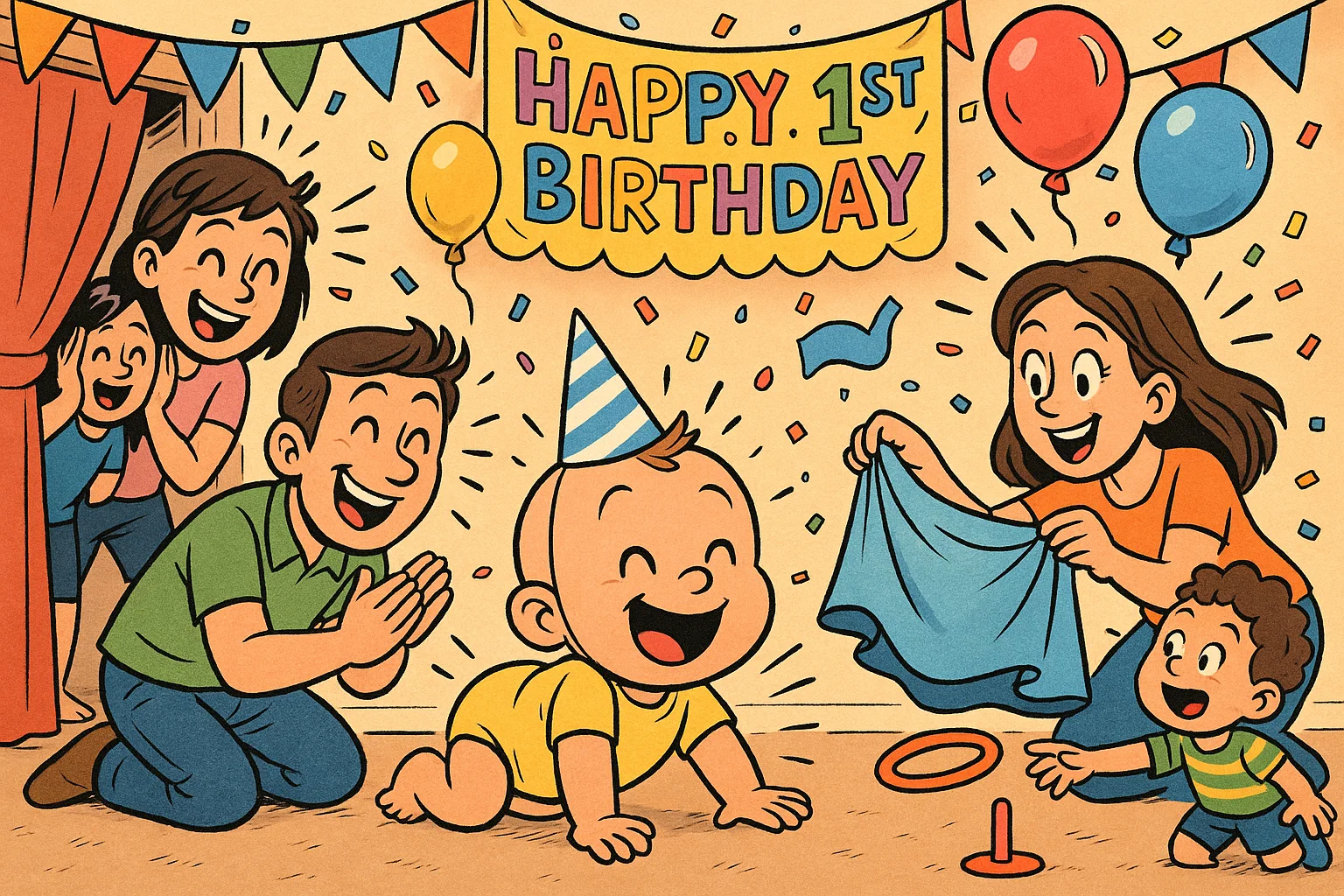A playful cartoon of a 1st birthday party with games and activities, showing a happy baby and joyful guests. A playful cartoon of a 1st birthday party with games and activities, showing a happy baby and joyful guests.