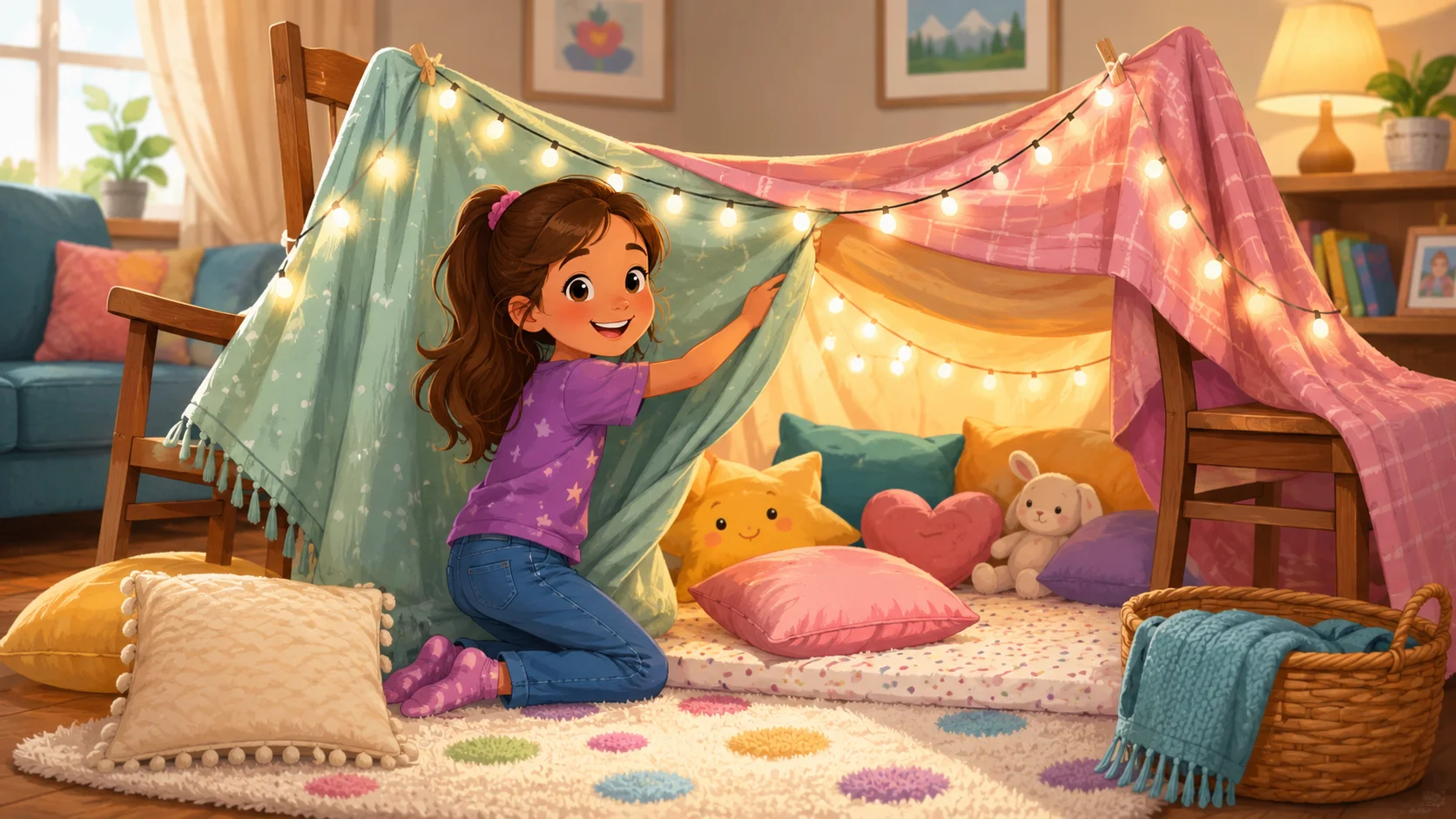 8 year old girl building blanket fort as cozy indoor activity. 
