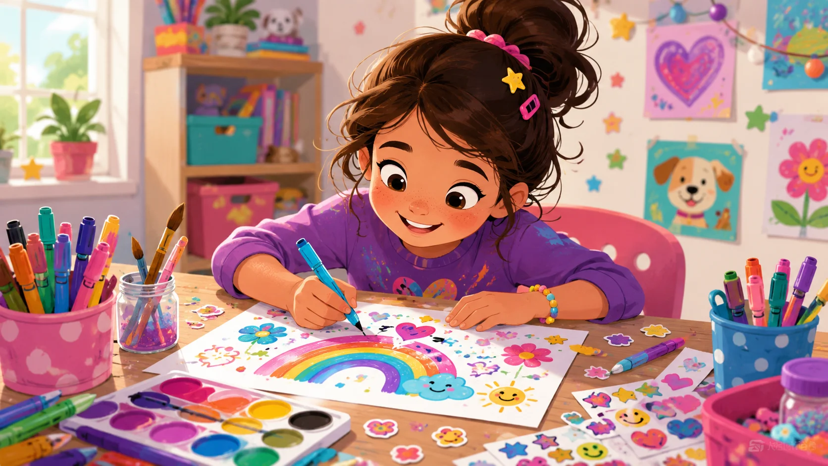 8 year old girl making colorful art project with paint and stickers. 
