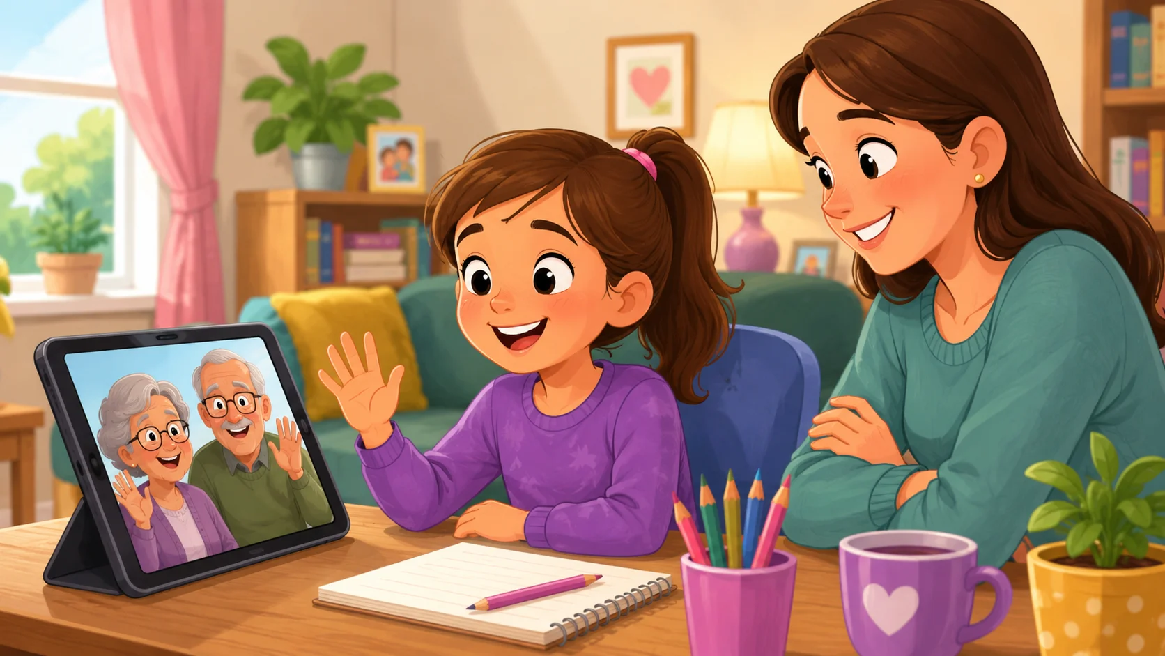 8 year old girl on video call with grandparents and parent nearby. 
