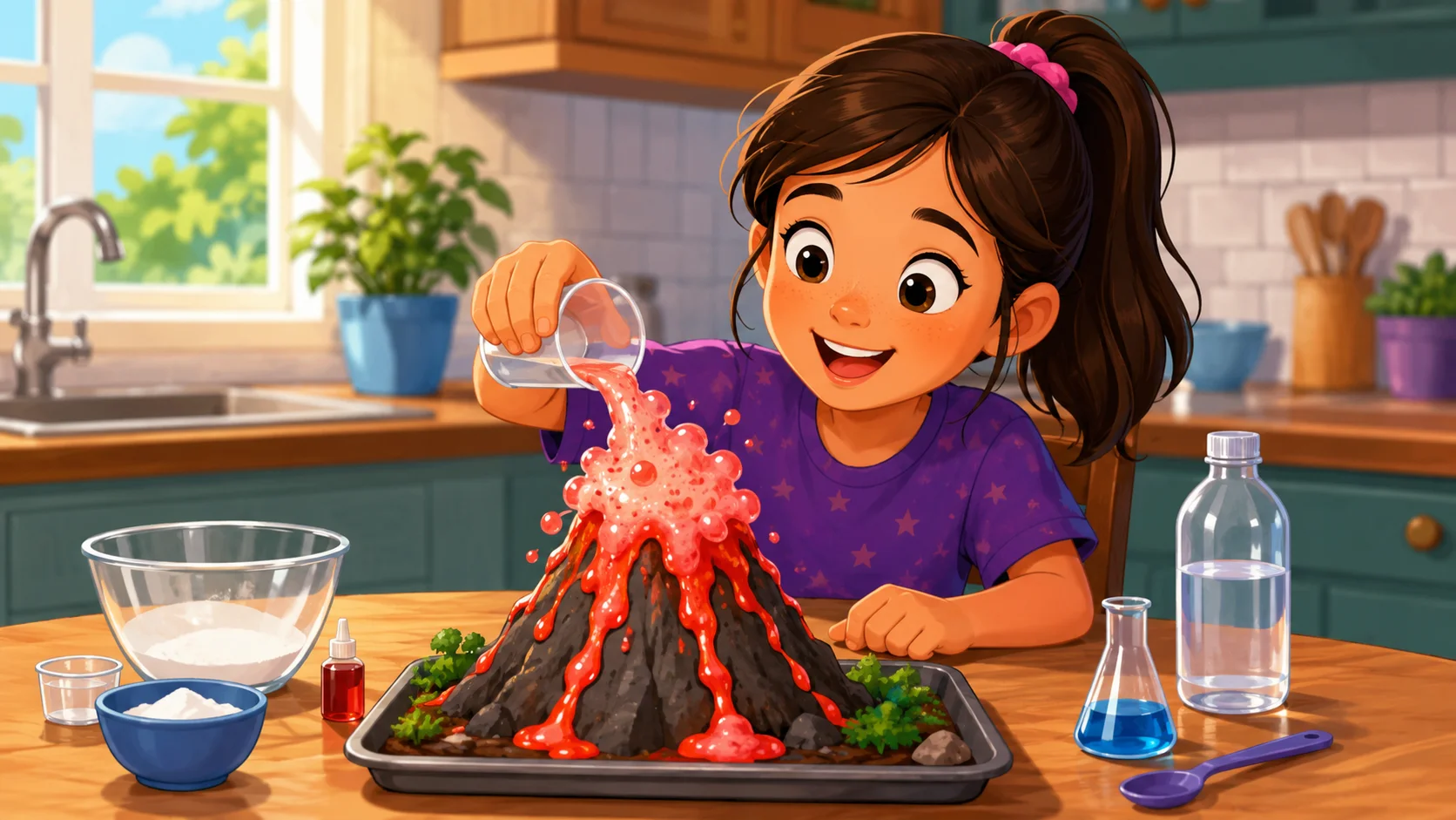  8 year old girl doing volcano science experiment at kitchen table. 
