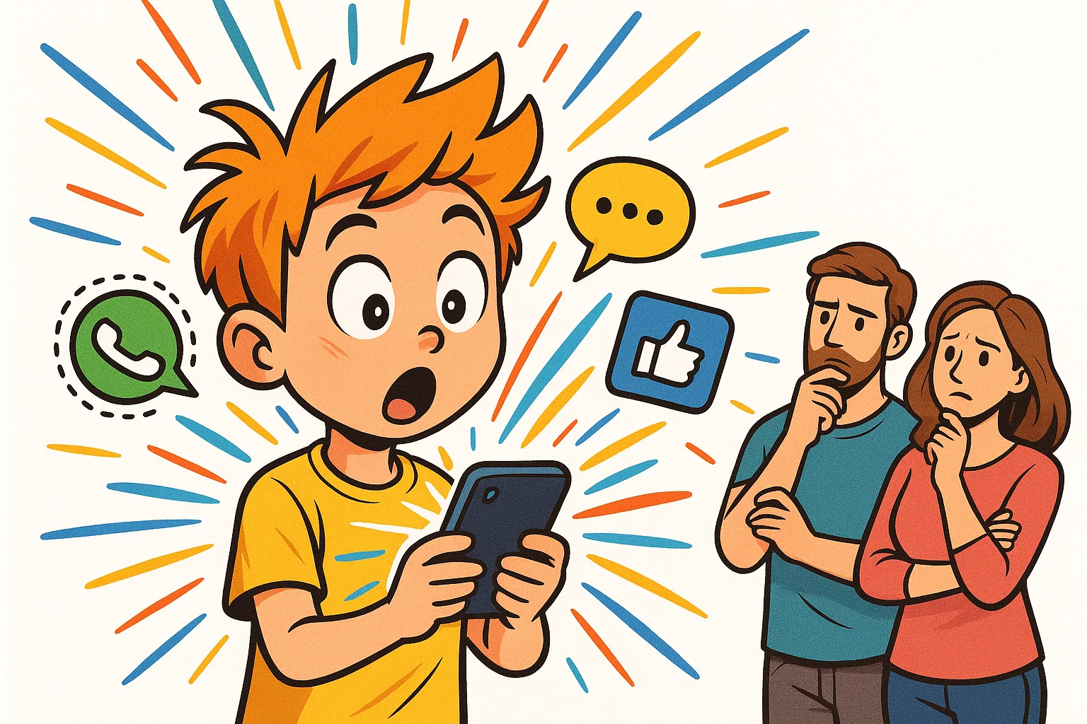 9 year old boy using smartphone with concerned parents nearby.