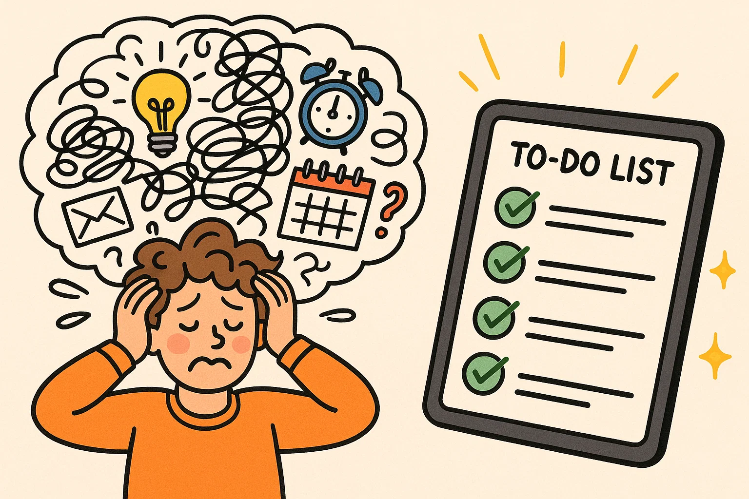 Chaotic thoughts of a person with ADHD and an organized to-do list in an app Chaotic thoughts of a person with ADHD and an organized to-do list in an app