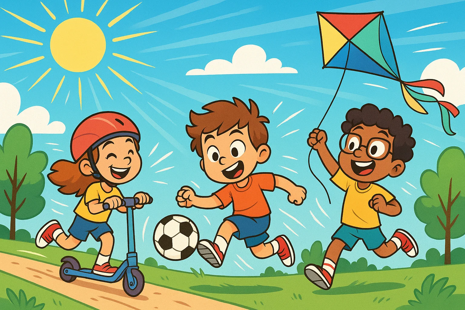 A vibrant cartoon of kids riding a scooter, playing soccer, and flying a kite outdoors.
