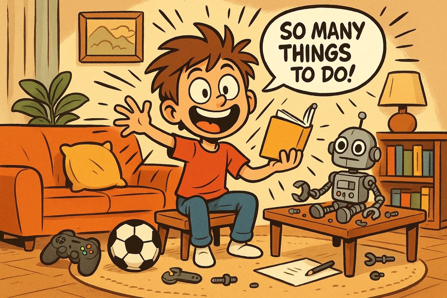 Playful cartoon of a 12-year-old enjoying various activities at home, surrounded by a book and a robot.