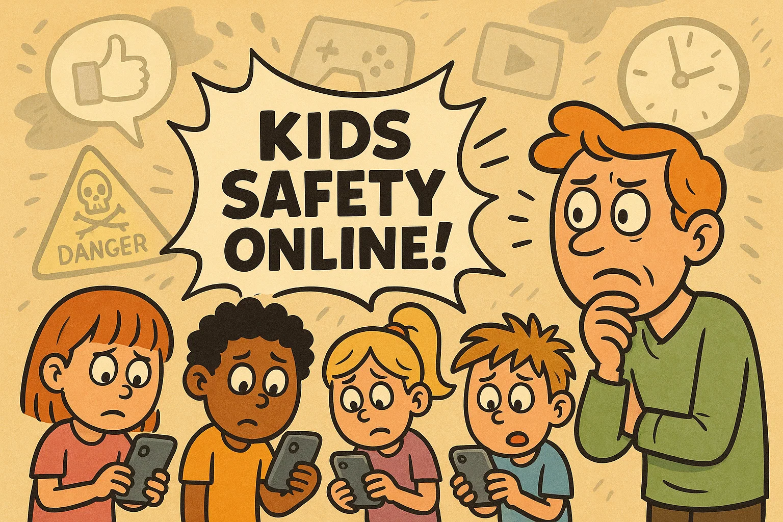 Whimsical illustration of a child's phone with chaotic content and a concerned parent Whimsical illustration of a child's phone with chaotic content and a concerned parent