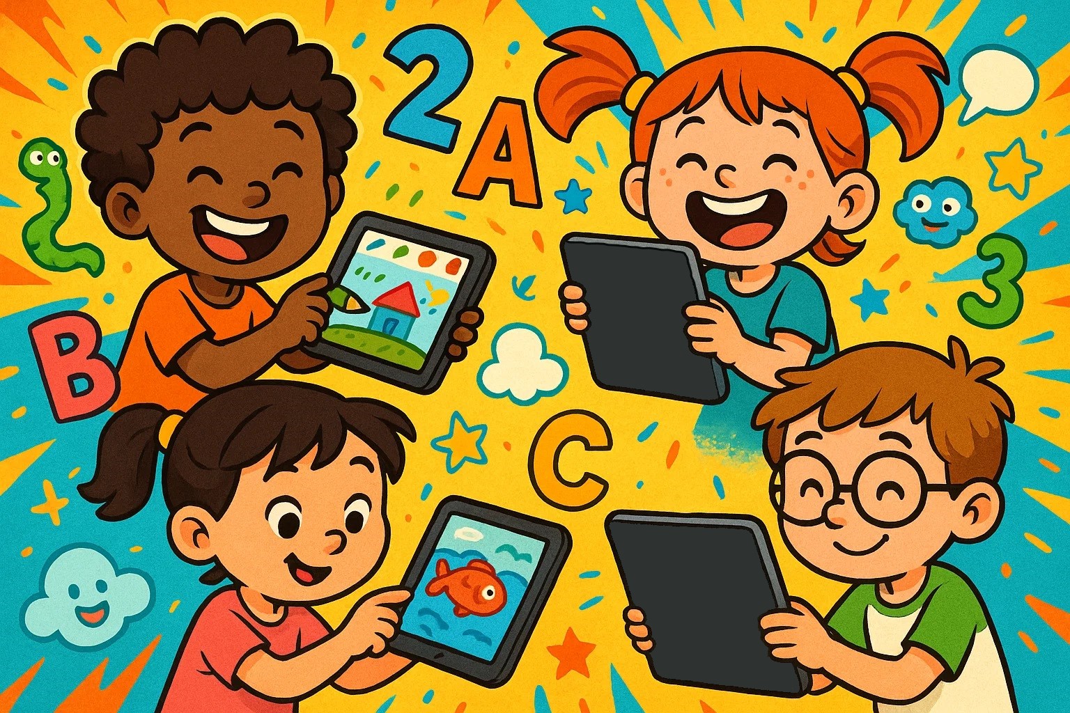 Cartoon children happily interact with iPads, using educational and entertainment apps. Cartoon children happily interact with iPads, using educational and entertainment apps.