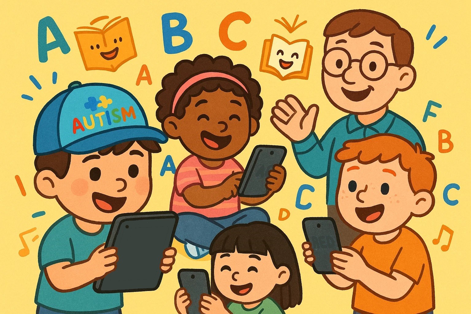 Cartoon illustration of children with autism using educational reading apps on tablets, symbolizing engaged and joyful learning Cartoon illustration of children with autism using educational reading apps on tablets, symbolizing engaged and joyful learning