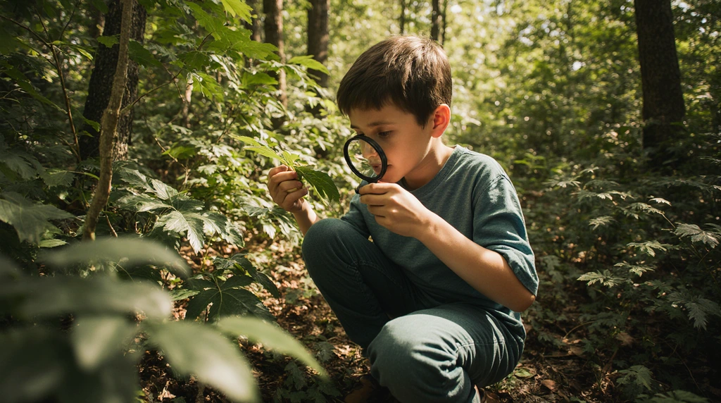 A realistic photo of a young boy holding a magnifying glass to a leaf, focused and curious.