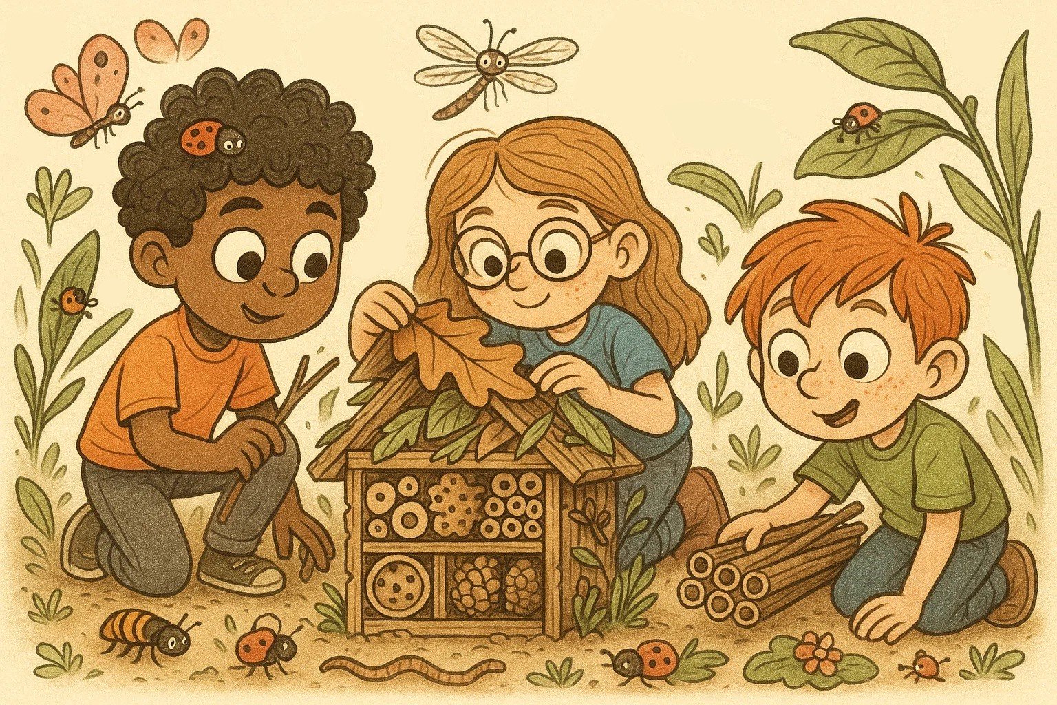 Whimsical cartoon drawing of three kids building a bug hotel with twigs and leaves, surrounded by stylized insects.