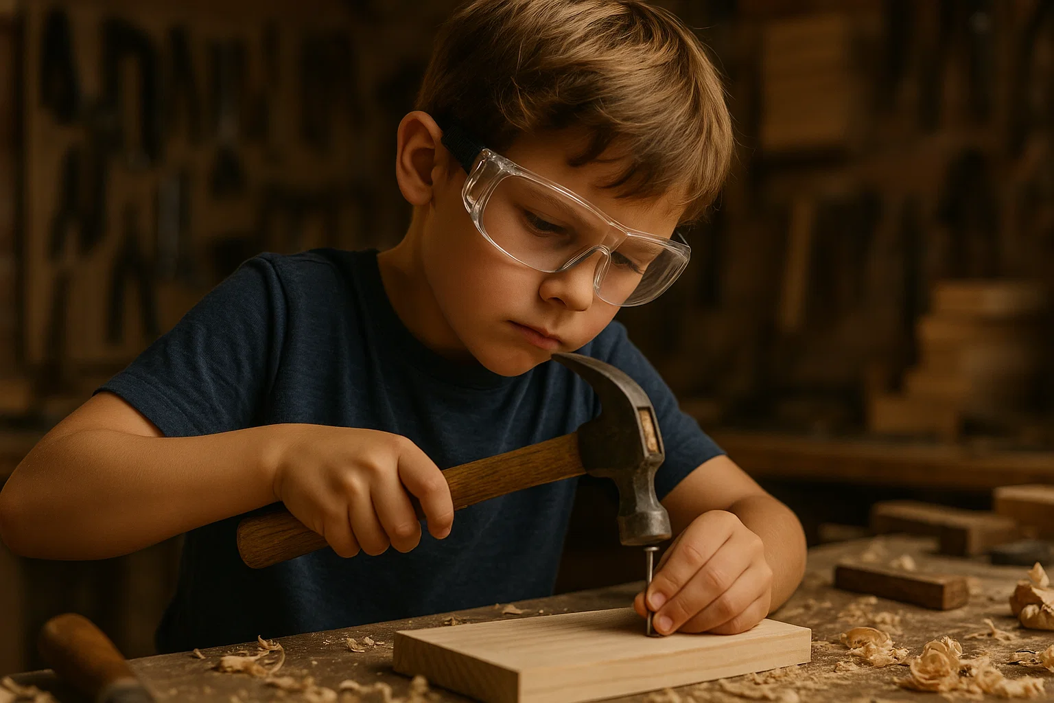 Realistic photo of a boy using a hammer and nails to build a birdhouse, with deep concentration.